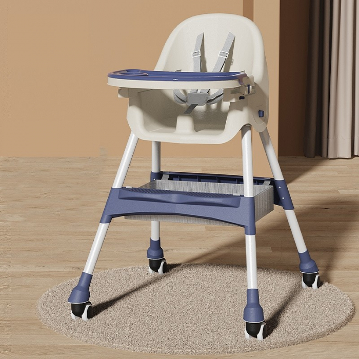Scaun de masa pentru bebelusi si copii cu roti, telescopic, pliabil, masuta reglabila, suport picioare, scaun invelis piele artificiala, centura siguranta, spatiu depozitare,  albastru [5]