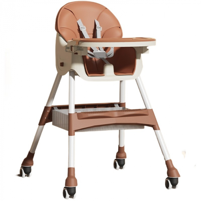 Scaun de masa pentru bebelusi si copii cu roti, telescopic, pliabil, masuta reglabila, suport picioare, scaun invelis piele artificiala, centura siguranta, spatiu depozitare,  maro [1]