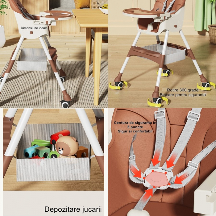 Scaun de masa pentru bebelusi si copii cu roti, telescopic, pliabil, masuta reglabila, suport picioare, scaun invelis piele artificiala, centura siguranta, spatiu depozitare,  maro [2]