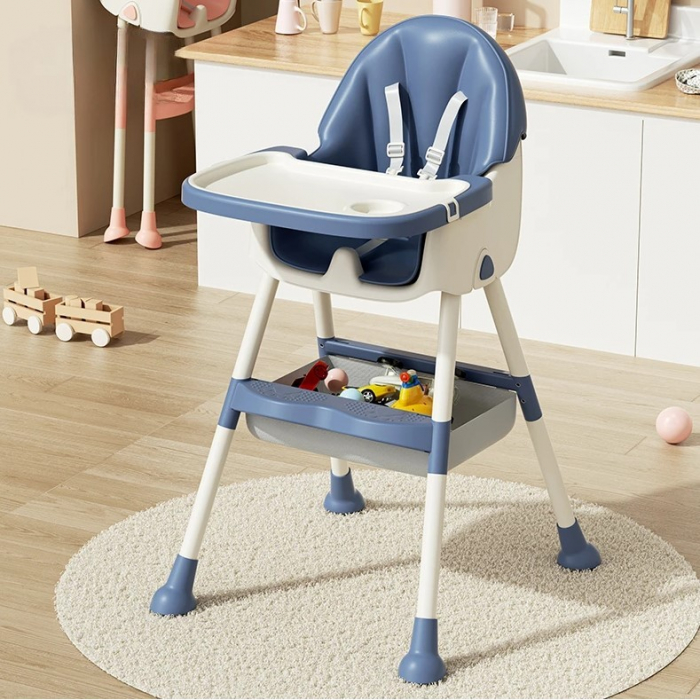 Scaun de masa pentru bebelusi si copii cu roti, telescopic, pliabil, masuta reglabila, suport picioare, scaun invelis piele artificiala, centura siguranta, spatiu depozitare,  albastru [3]