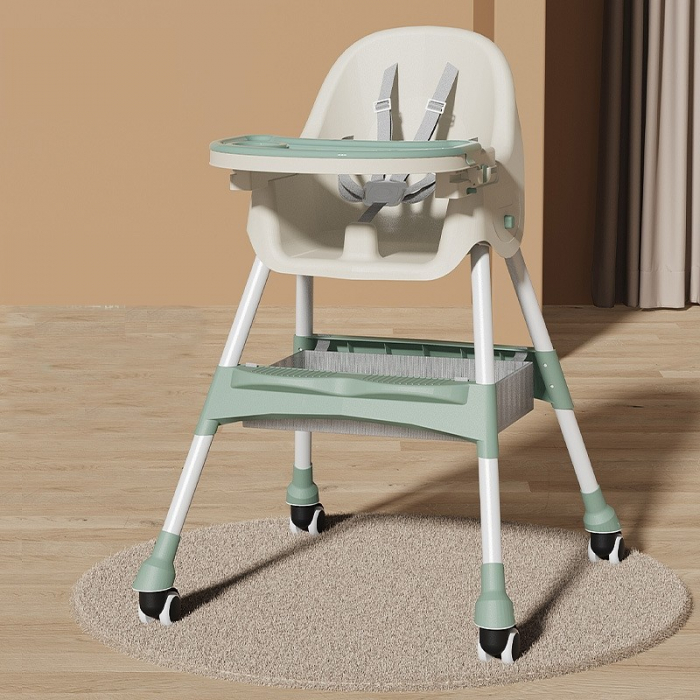 Scaun de masa pentru bebelusi si copii cu roti, telescopic, pliabil, masuta reglabila, suport picioare, scaun invelis piele artificiala, centura siguranta, spatiu depozitare, ,verde [4]