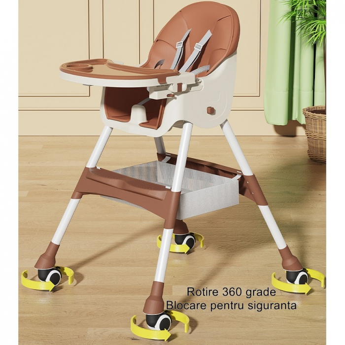 Scaun de masa pentru bebelusi si copii cu roti, telescopic, pliabil, masuta reglabila, suport picioare, scaun invelis piele artificiala, centura siguranta, spatiu depozitare,  maro [8]