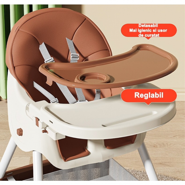 Scaun de masa pentru bebelusi si copii cu roti, telescopic, pliabil, masuta reglabila, suport picioare, scaun invelis piele artificiala, centura siguranta, spatiu depozitare,  maro [5]