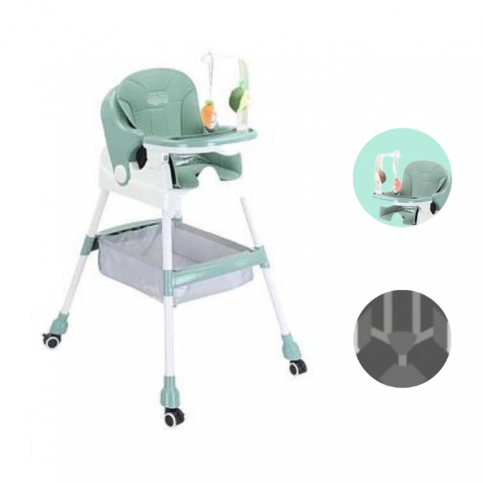 Scaun de Masa pentru Copii Multifunctional Pliabil cu Roti, Cos de Depozitare, Centura de Siguranta, Suport de Agatat Jucarii, 110 x 60 x 70 cm, Verde [3]