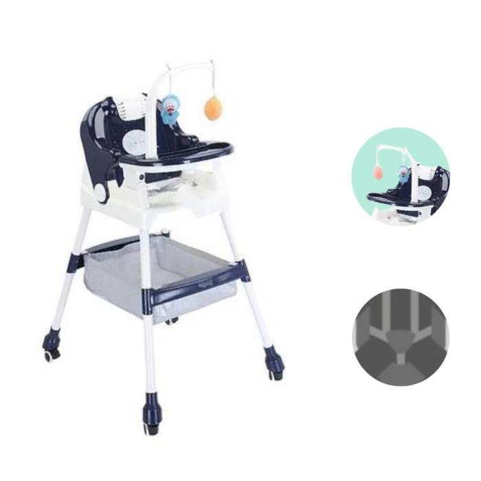 Scaun de Masa pentru Copii Multifunctional Pliabil cu Roti, Cos de Depozitare, Centura de Siguranta, Suport de Agatat Jucarii, 110 x 60 x 70 cm, Albastru [1]
