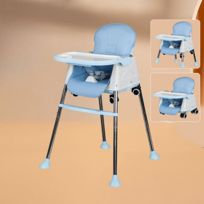 Scaun de Masa Pliabil 3 in 1 Multifunctional, Masuta si Husa Detasabile, Roti, Centura de Siguranta, Ajustare Inaltime, Albastru [2]