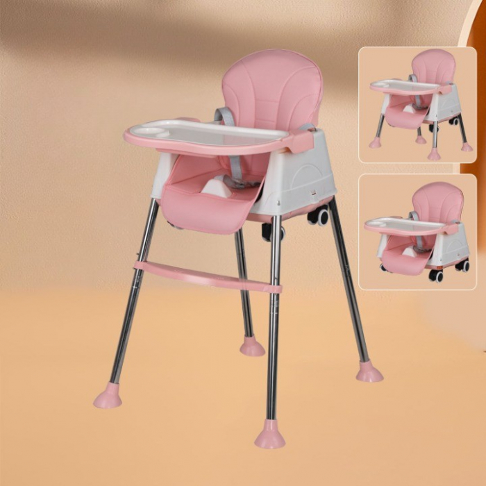 Scaun de Masa Pliabil 3 in 1 Multifunctional, Masuta si Husa Detasabile, Roti, Centura de Siguranta, Ajustare Inaltime, Roz [2]