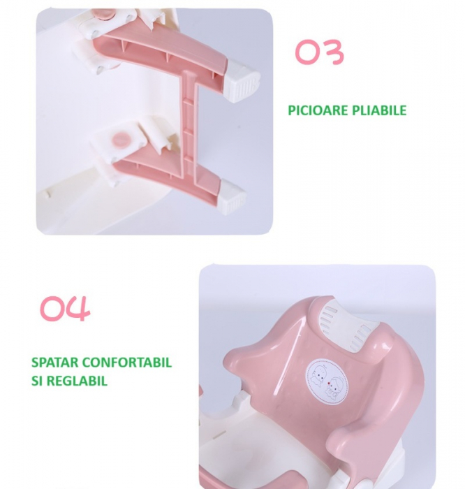 Scaun pentru Copii si Bebelusi 2 in 1, Servit Masa si pentru Baie, Pliabil, Portabil, din Plastic, Spatar Reglabil, 58 x 39 x 45 cm, Roz [4]