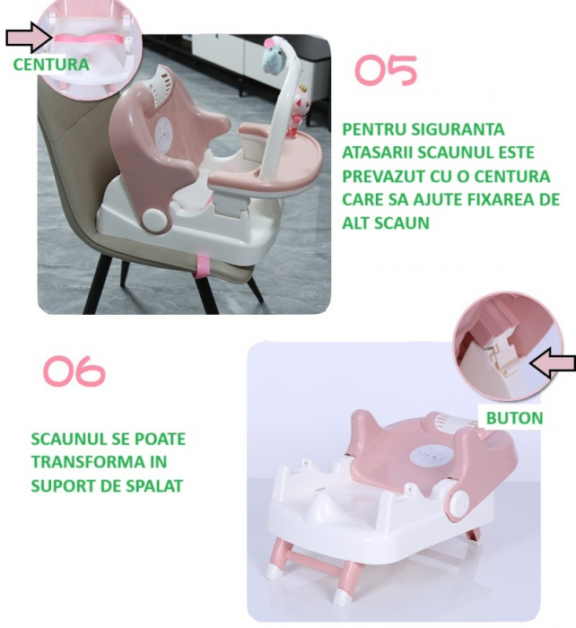 Scaun pentru Copii si Bebelusi 2 in 1, Servit Masa si pentru Baie, Pliabil, Portabil, din Plastic, Spatar Reglabil, 58 x 39 x 45 cm, Roz [5]