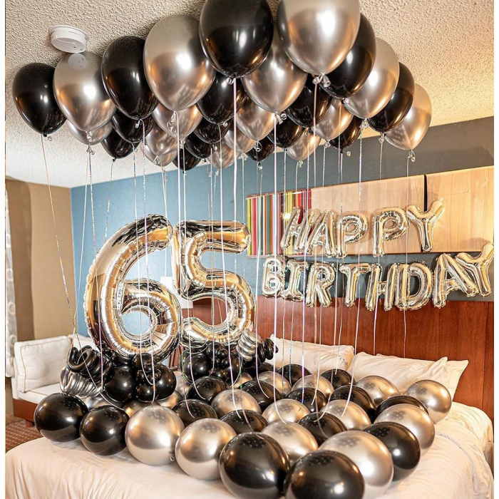 Set 10 Baloane din Latex Chrome,  Model Party, 23 cm, Negru Argintiu, 2.2 g [6]