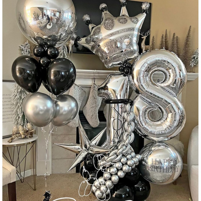 Set 10 Baloane din Latex Chrome,  Model Party, 23 cm, Negru Argintiu, 2.2 g [3]