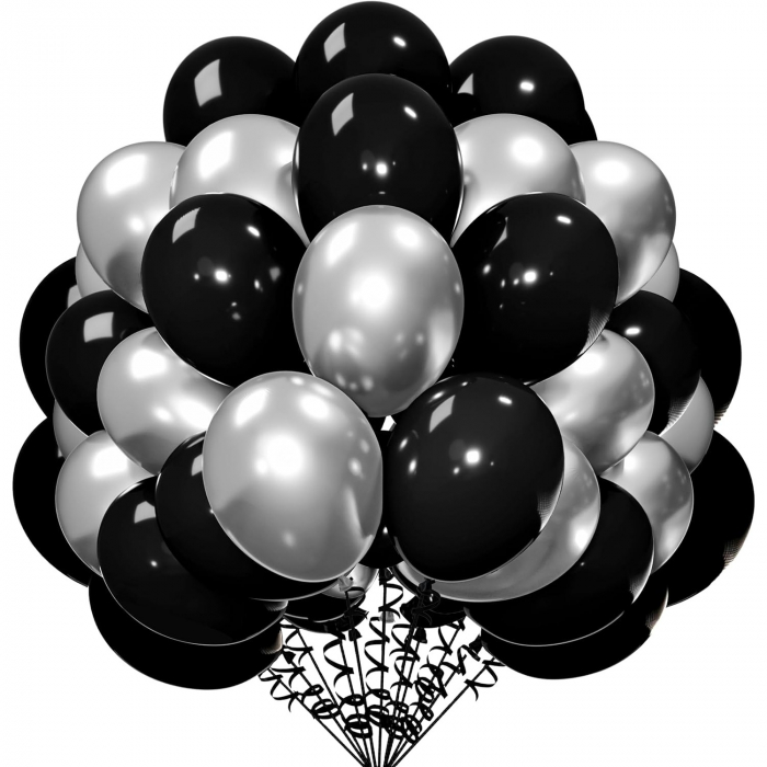 Set 10 Baloane din Latex Chrome,  Model Party, 23 cm, Negru Argintiu, 2.2 g [2]