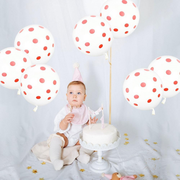 Set 10 Baloane din Latex,  Model Party cu Buline, 30 cm, Alb si Rosu, 2.8 g [6]