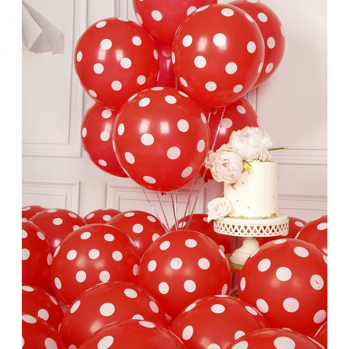Set 10 Baloane din Latex,  Model Party cu Buline, 30 cm, Alb si Rosu, 2.8 g [2]