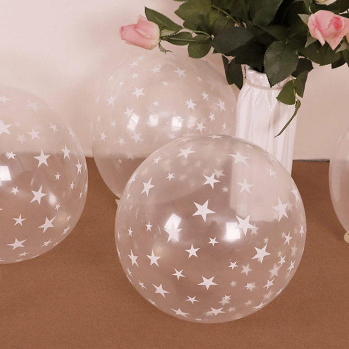 Set 10 Baloane din Latex Transparente, Model Party, 30 cm, Stelute Albe, 2.8 g [2]