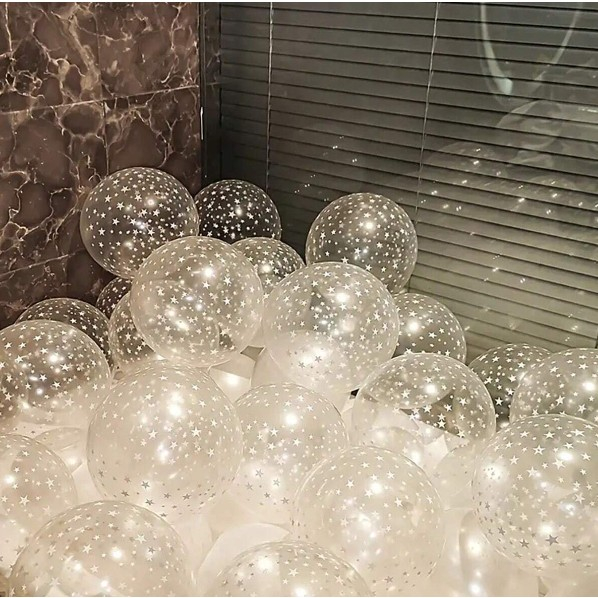 Set 10 Baloane din Latex Transparente, Model Party, 30 cm, Stelute Albe, 2.8 g [6]
