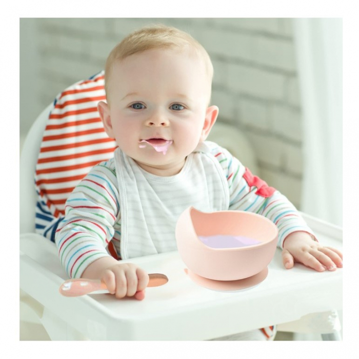 Set 10 piese diversificare bebelusi si copii din silicon, baveta, farfurie compartimentata, bol, tacamuri, cana, fara alergeni, roz pal [4]
