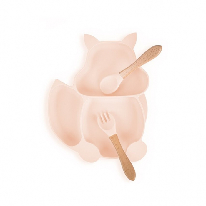 Set 10 piese diversificare bebelusi si copii din silicon, baveta, farfurie compartimentata, bol, tacamuri, cana, fara alergeni, roz pal [3]