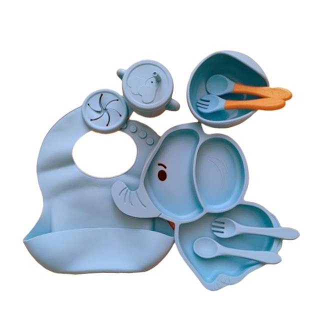 Set 10 Piese Servire Masa pentru Bebelusi si Copii din Silicon/Lemn, Ventuze Anti-alunecare, fara Alergeni, +6 Luni, Model Elefant, Albastru Deschis [1]
