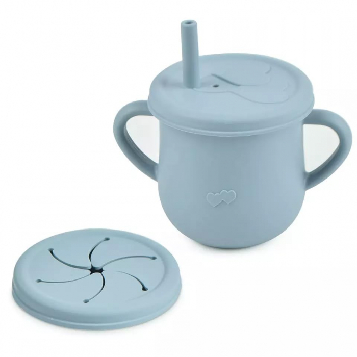Set 10 Piese Servire Masa pentru Bebelusi si Copii din Silicon/Lemn, Ventuze Anti-alunecare, fara Alergeni, +6 Luni, Model Elefant, Albastru Deschis [2]