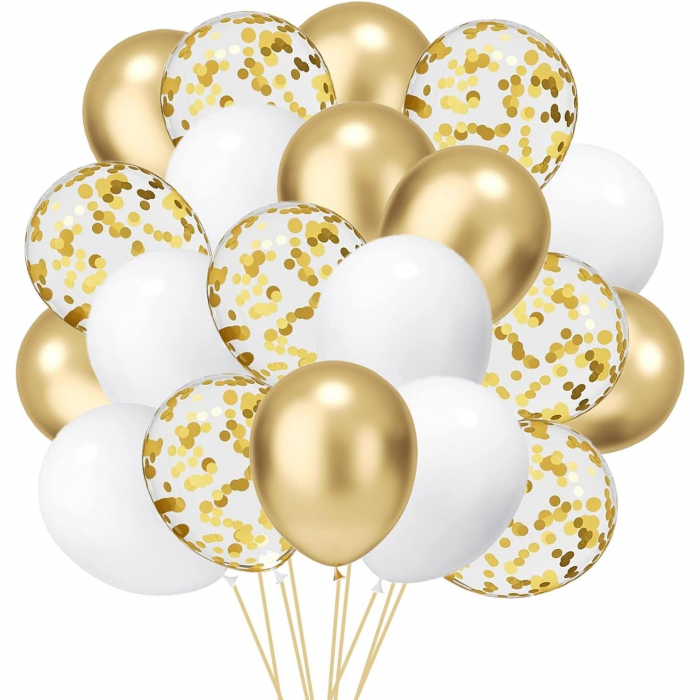 Set 16 Baloane din Latex,  Model Party, 30 cm, Alb, Auriu, Transparent Confetti, 2.8 g [1]
