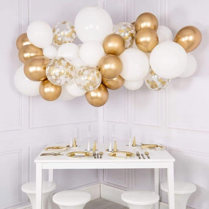 Set 16 Baloane din Latex,  Model Party, 30 cm, Alb, Auriu, Transparent Confetti, 2.8 g [6]
