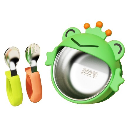 Set 3 Piese Diversificare Bebelusi si Copii, Bol, Lingura si Furculita, Model Broscuta din Silicon si Otel Inoxidabil, Verde [1]