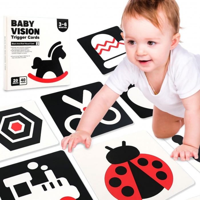 Set 40 imagini stimulare vizuala si cognitiva bebelusi, carduri alb-negru-rosu, 3-6 luni [3]