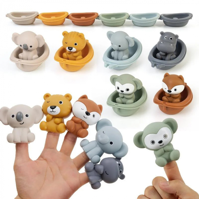 Set 6 Figurine de deget din silicon, Jucarii de baie Animale cu Barcuta, 12 piese, multicolor [4]