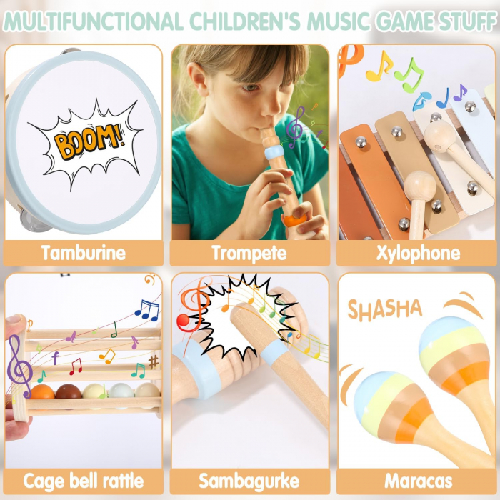 Set 8 Instrumente muzicale educative din lemn, pastel [3]