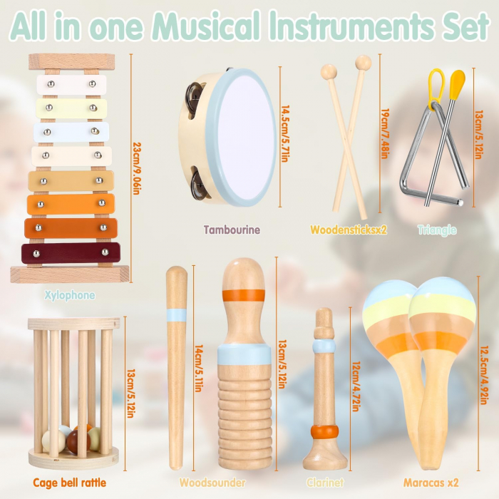 Set 8 Instrumente muzicale educative din lemn, pastel [5]