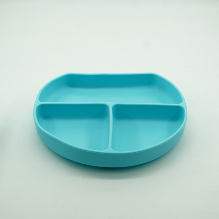 Set 8 piese diversificare bebelusi si copii din silicon, baveta, farfurie compartimentata, bol, tacamuri, cana, fara alergeni, albastru [2]