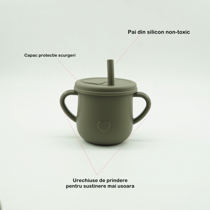 Set 8 piese diversificare bebelusi si copii din silicon, baveta, farfurie compartimentata, bol, tacamuri, cana, fara alergeni, verde inchis [3]