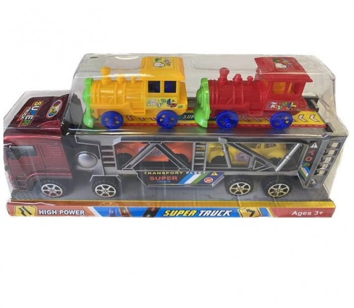 Set Camion trailer pentru transport, cu doua locomotive si doua masinute, multicolor [2]