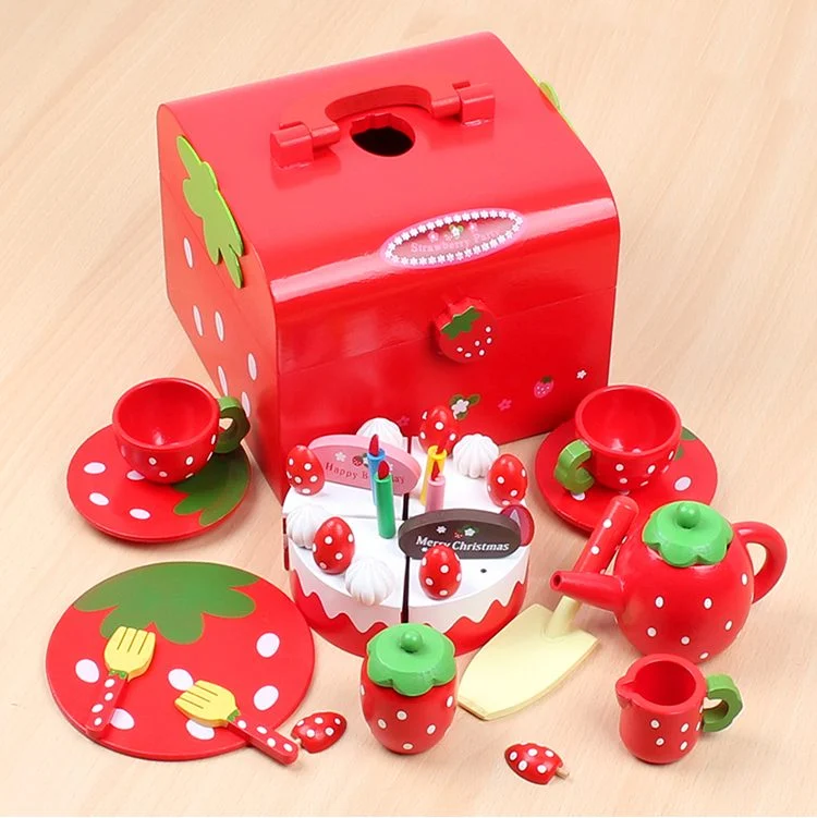 Set de ceai si tort aniversar din lemn in cutie Strawberry Party, multicolor [6]