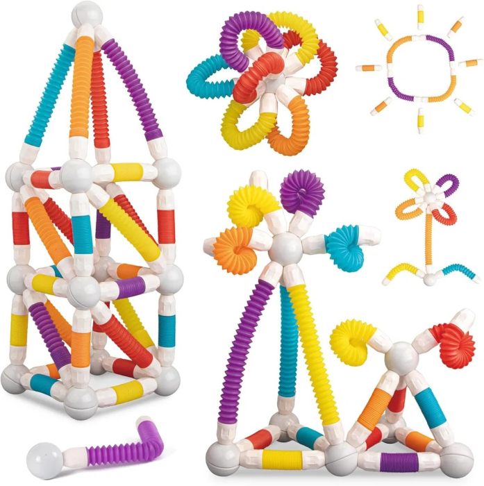 Set de constructie magnetic flexibil cu tuburi si bile, 66 piese, multicolor [8]