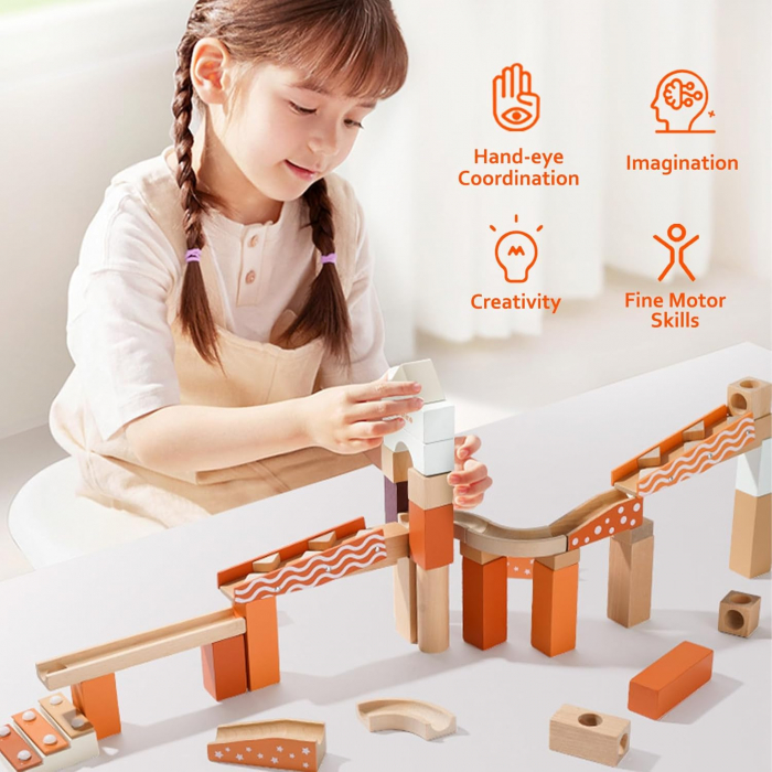 Set de constructie Marble Run din lemn cu bile din sticla, 60 piese, multicolor [4]
