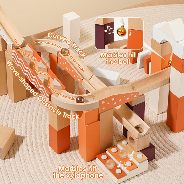 Set de constructie Marble Run din lemn cu bile din sticla, 60 piese, multicolor [2]