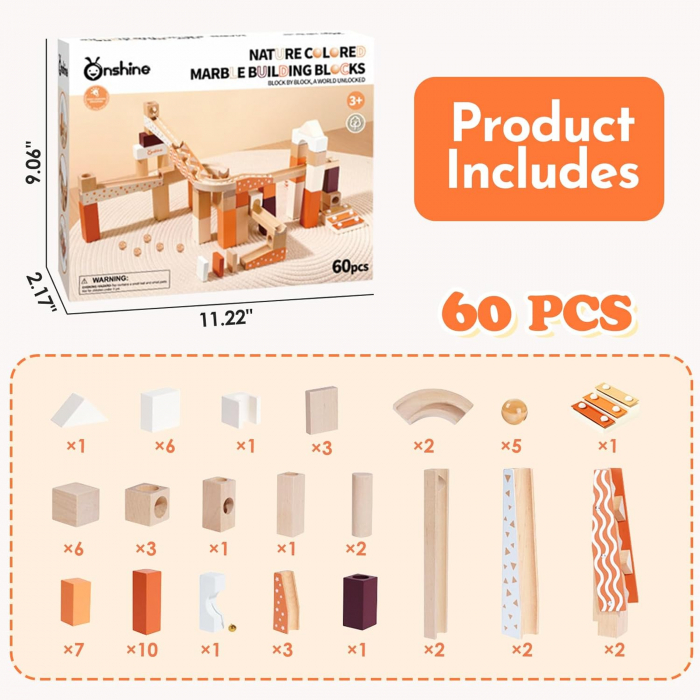 Set de constructie Marble Run din lemn cu bile din sticla, 60 piese, multicolor [6]