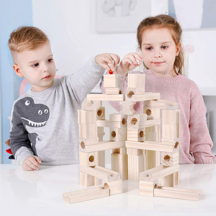 Set de constructie Marble Run din lemn cu bile din sticla, 60 piese, natur [2]
