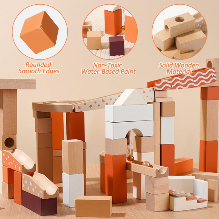 Set de constructie Marble Run din lemn cu bile din sticla, 80 piese, multicolor [2]