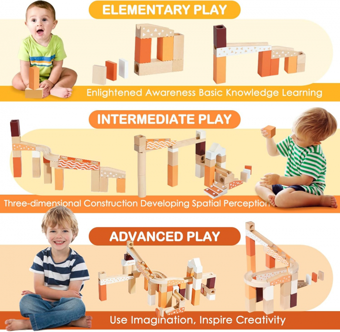 Set de constructie Marble Run din lemn cu bile din sticla, 80 piese, multicolor [5]