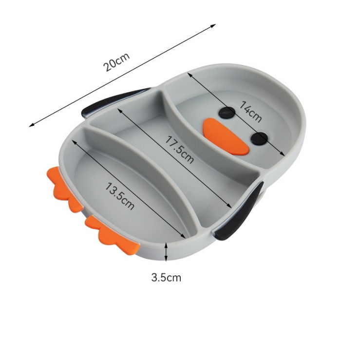 Set diversificare bebelusi din silicon, farfurie compartimentata in forma de Pinguin, lingurita, furculita si pai, ventuza fixare, gri [5]