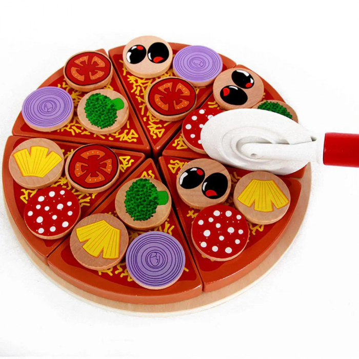 Set jucarie Pizza din lemn de feliat, 26 piese, multicolor [4]