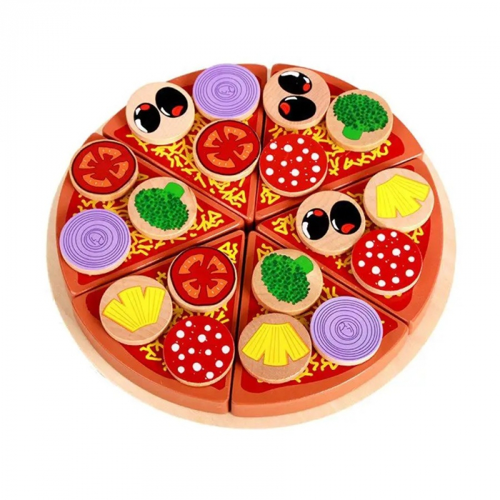 Set jucarie Pizza din lemn de feliat, 26 piese, multicolor [1]