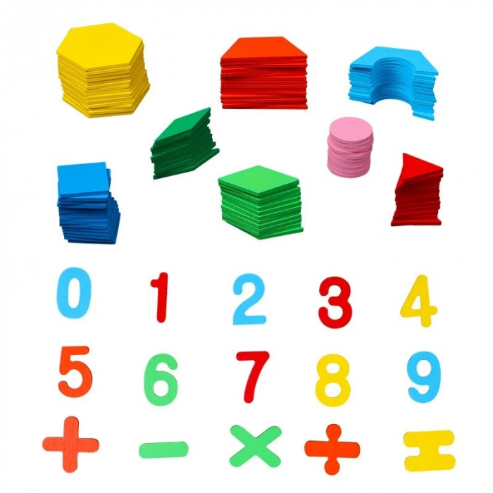 Joc educativ tangram din lemn cu 250 piese geometrice multicolore si cifre, multicolor [5]