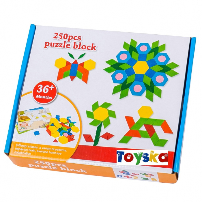 Joc educativ tangram din lemn cu 250 piese geometrice multicolore si cifre, multicolor [3]