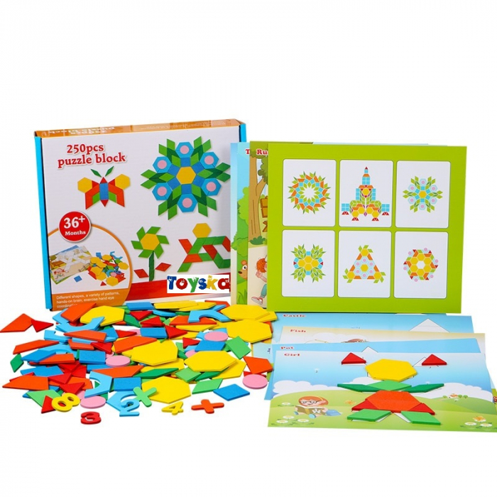 Joc educativ tangram din lemn cu 250 piese geometrice multicolore si cifre, multicolor [2]