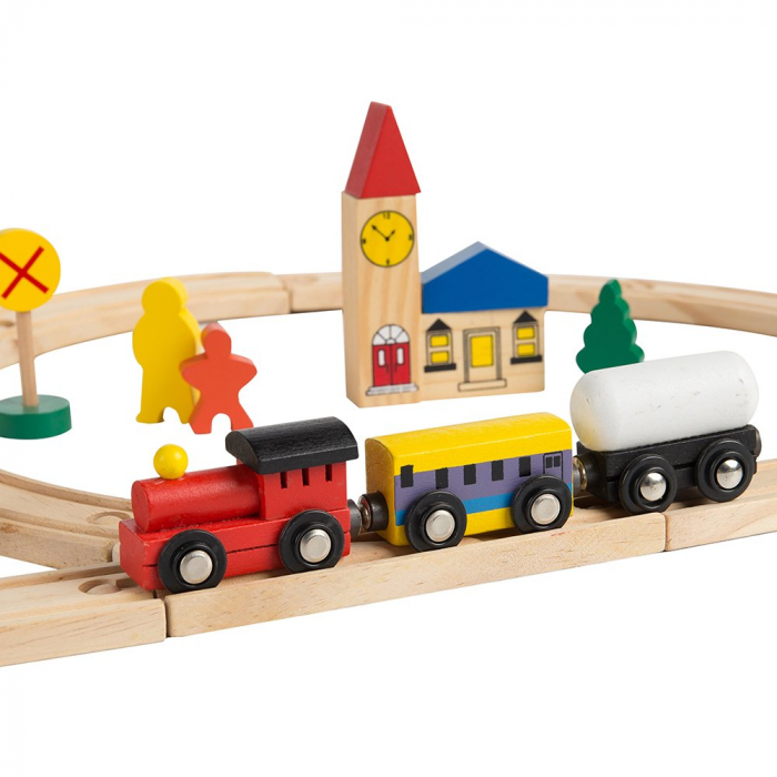 Circuit din lemn Rail Overpass cu masinute si covoras puzzle, 48 piese, multicolor [3]
