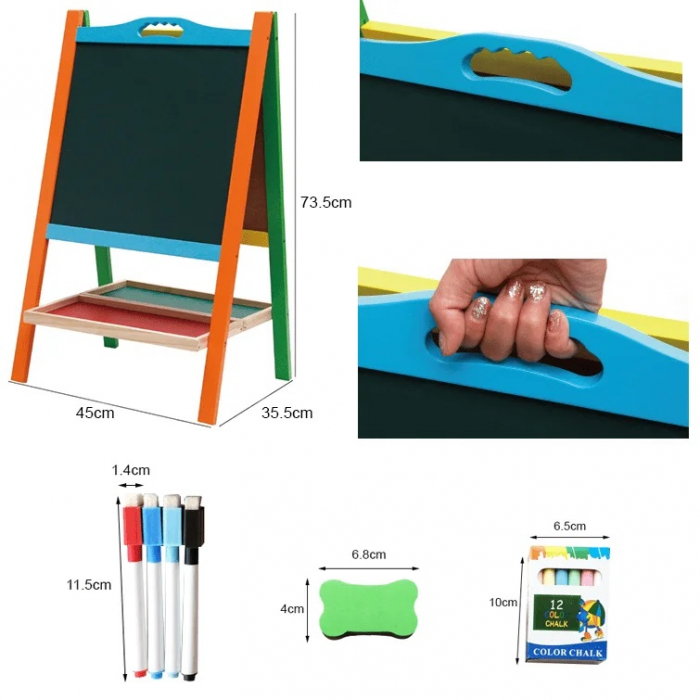 Tabla educativa din lemn 2 in 1 sevalet cu accesorii si maner, 73.5 x 45 cm, multicolor [8]